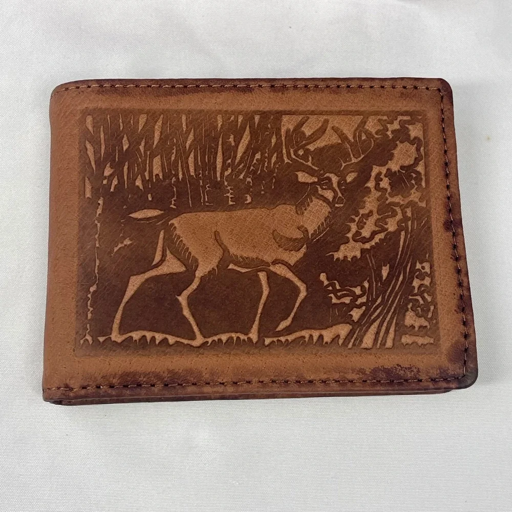 John Weitz VTG Full Grain Leather Bifold Wallet Embossed Deer Brown Billfold NOS